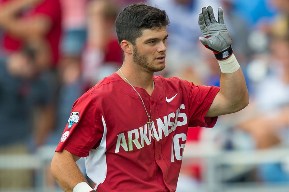 Arkansas Razorbacks outfielder Andrew Benintendi (16) on deck during the  NCAA College baseball World Series against the Miami Hurricanes on June 15,  2015 at TD Ameritrade Park in Omaha, Nebraska. Miami beat