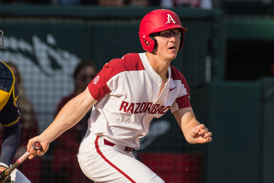 Arkansas Razorbacks outfielder Andrew Benintendi (16) on deck during the  NCAA College baseball World Series against the Miami Hurricanes on June 15,  2015 at TD Ameritrade Park in Omaha, Nebraska. Miami beat