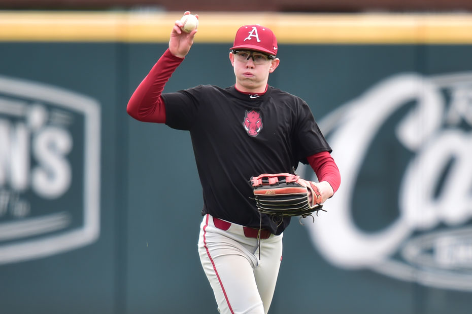 Jun 2, 2018: Arkansas left fielder Heston Kjerstad #18 moves over under a  fly ball hit towards him. Arkansas defeated Southern Miss 10-2 in the NCAA  Fayetteville Baseball Regional at Baum Stadium