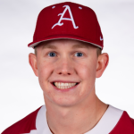 Apr 18, 2019: Arkansas right fielder Heston Kjerstad #18 makes a leg kick  as he is at the plate waiting for the pitch. Arkansas defeated Mississippi  State 5-3 in Fayetteville, AR, Richey