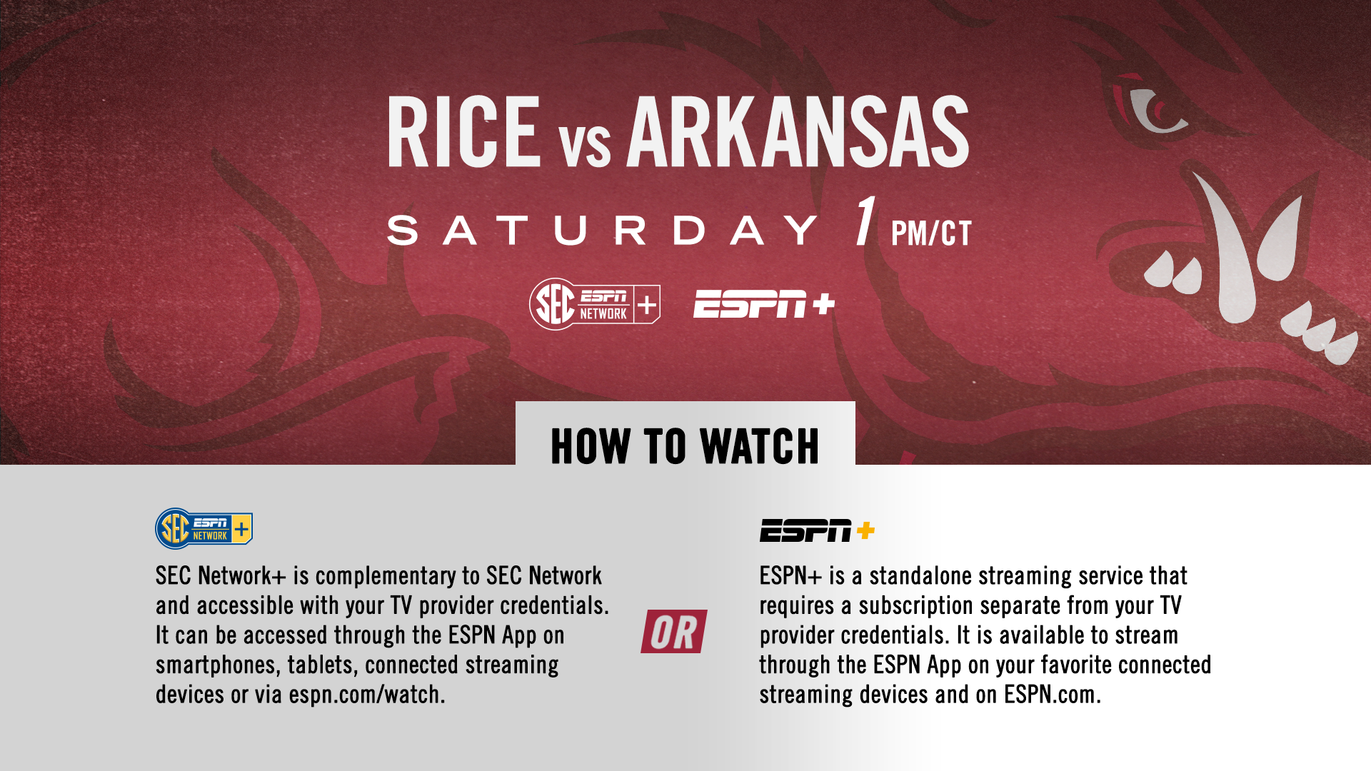 How to Watch Rice at Arkansas on SECN+/ESPN+ Arkansas Razorbacks