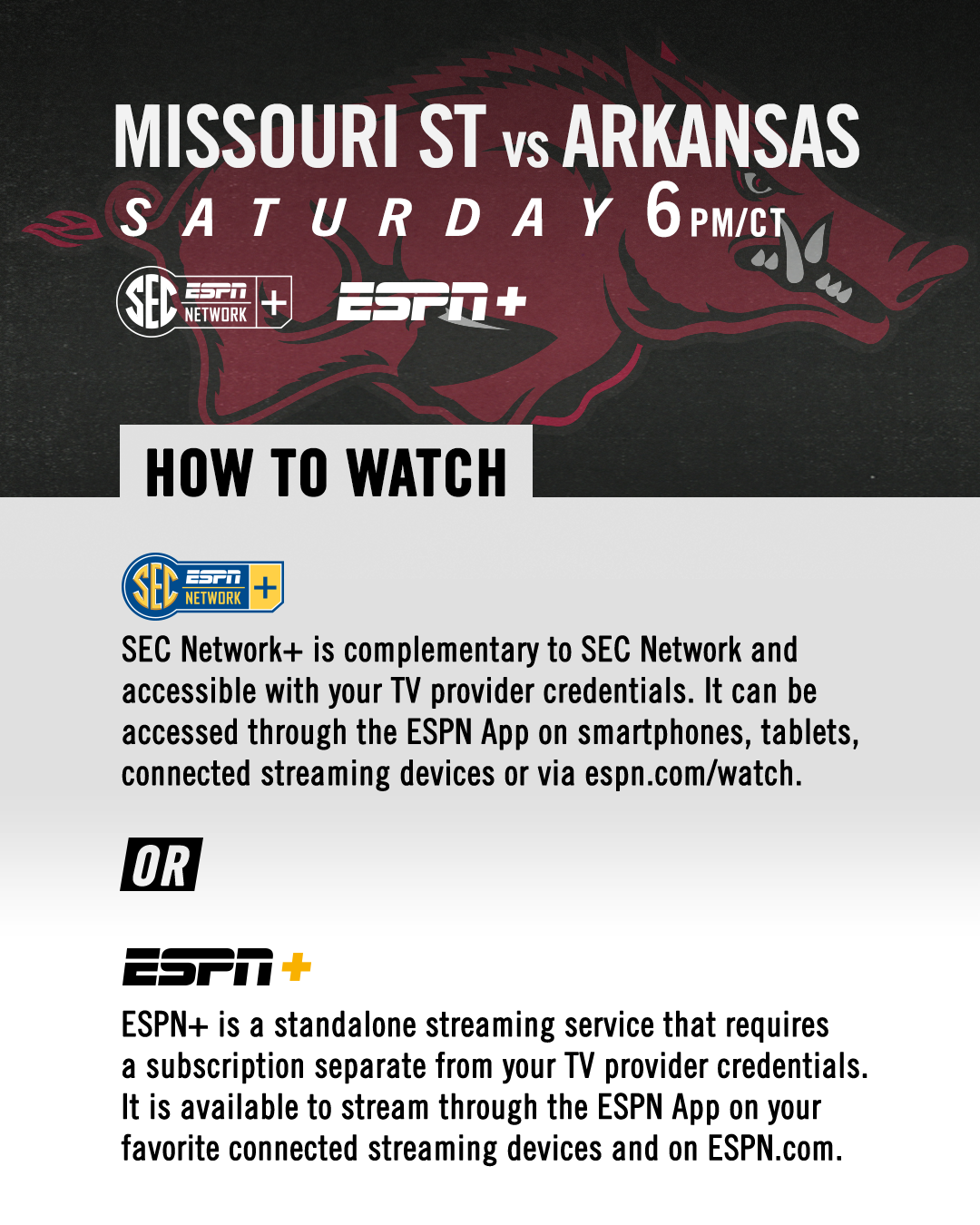 Channel Finder Hogs vs. Missouri State Arkansas Razorbacks