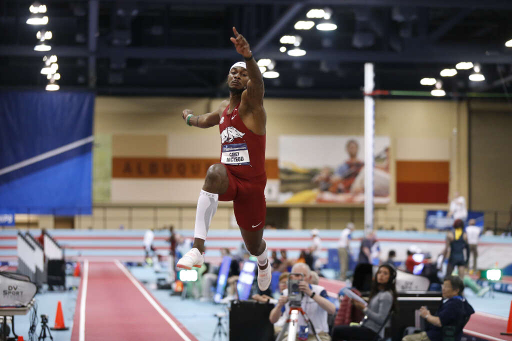 Carey McLeod last round leap wins long jump, equals Jamaican record