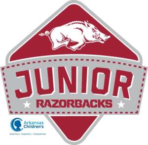 Logo that reads "Junior Razorbacks" with a running hog above the text. In the bottom left corner is the Arkansas Children's Hospital logo