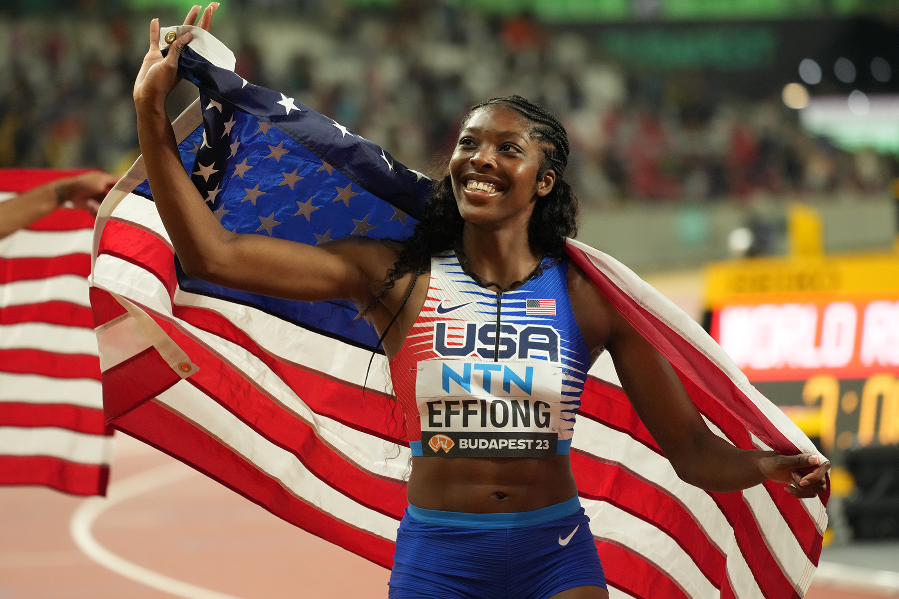 World Record gold for Rosey Effiong in USA mixed relay Arkansas