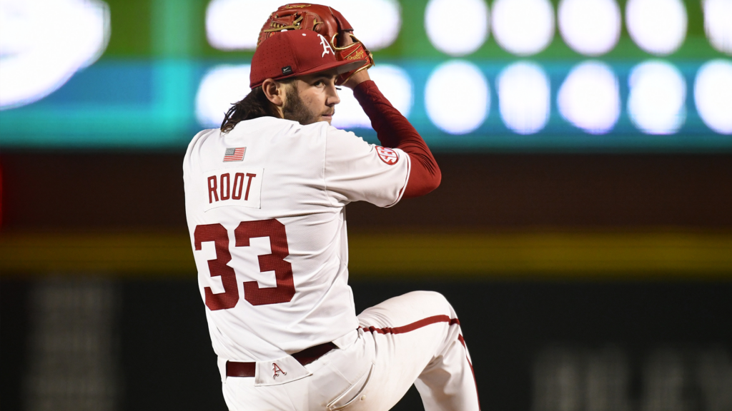 Hogs Run-Rule Cocks; Root Twirls Seven-Inning Complete Game