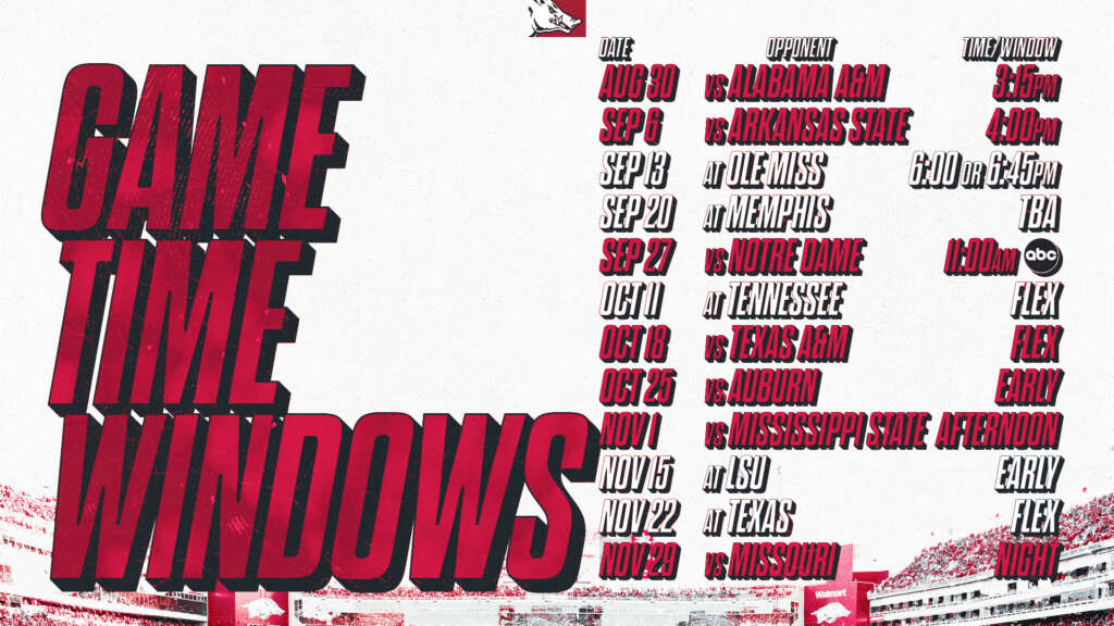 Kickoff time windows, Notre Dame game time set for Hogs